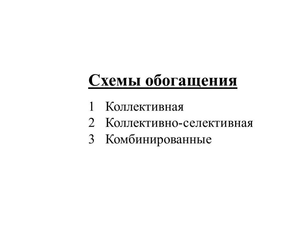 Схемы обогащения 1 Коллективная 2 Коллективно-селективная 3 Комбинированные